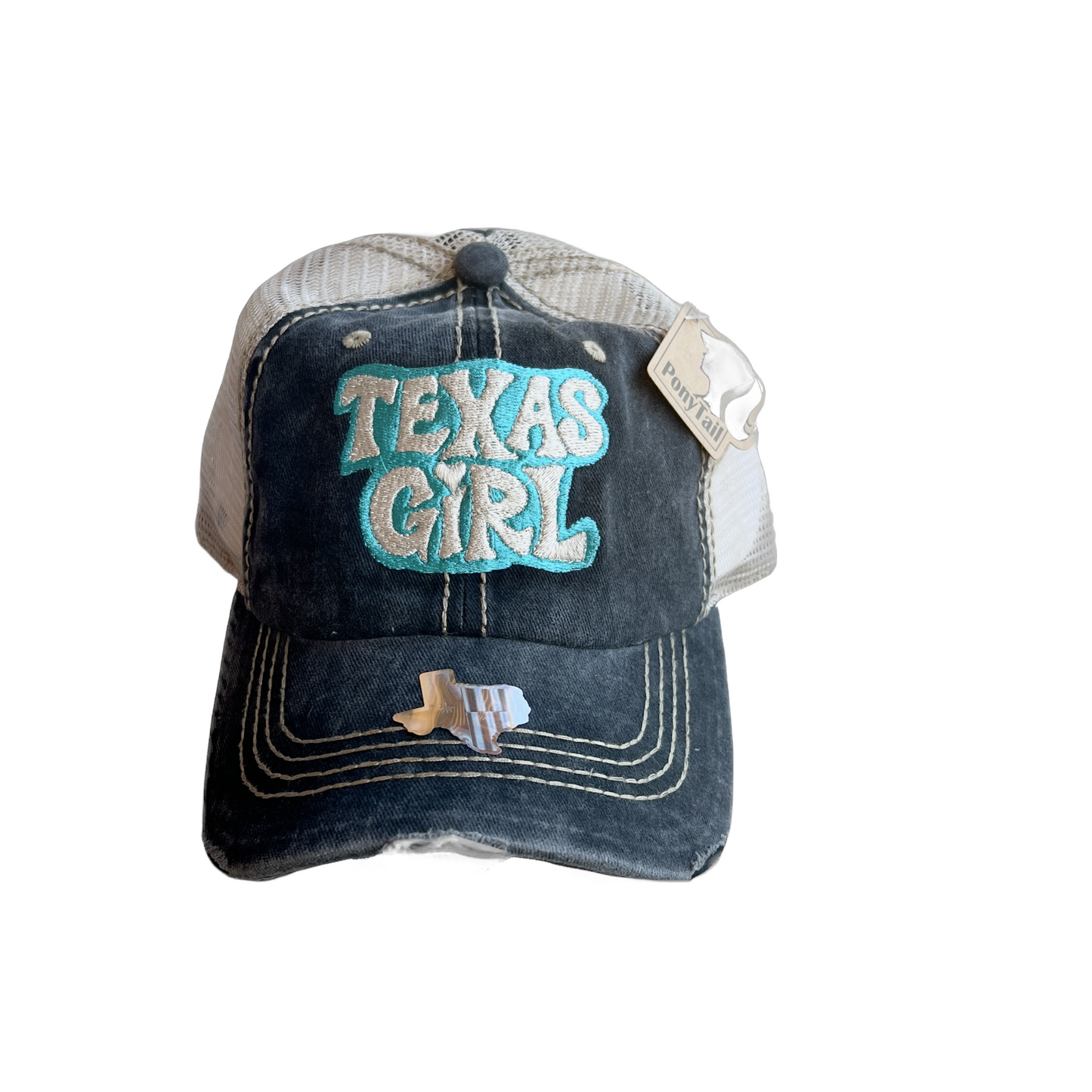 Texas Groovy Girl Hat in black and cream style, showcasing bold "Texas Girl" lettering.