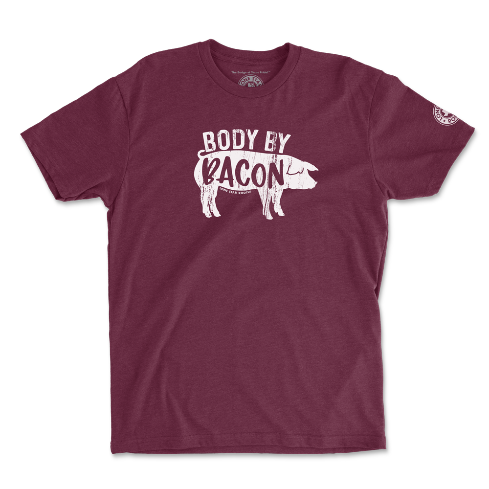 Body by Bacon T-Shirt in maroon, perfect for bacon lovers and BBQ enthusiasts, printed on a Next Level 6210 unisex tee.