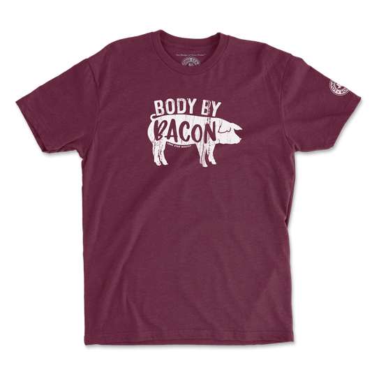 Body by Bacon T-Shirt in maroon, perfect for bacon lovers and BBQ enthusiasts, printed on a Next Level 6210 unisex tee.