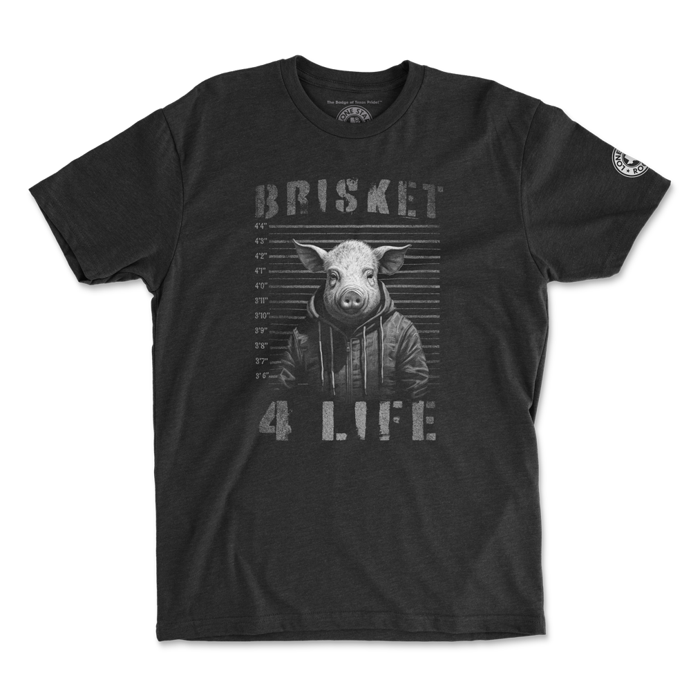 Black Brisket 4 Life T-Shirt featuring a humorous BBQ-inspired pig design