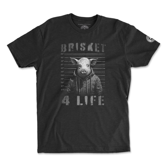 Black Brisket 4 Life T-Shirt featuring a humorous BBQ-inspired pig design