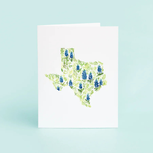 Texas in Bluebonnets greeting card featuring original watercolor design on eco-friendly linen paper.