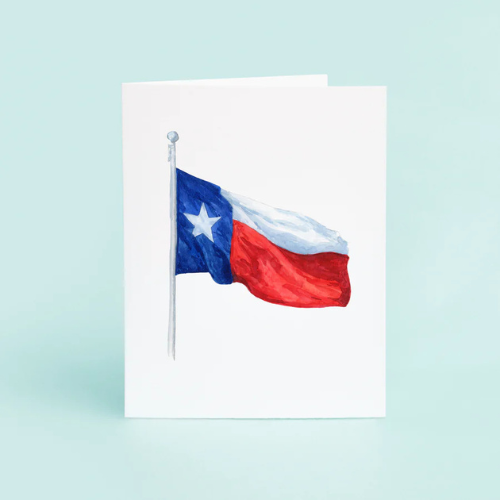 Greeting card featuring a watercolor design of the waving Texas flag on eco-friendly linen paper.