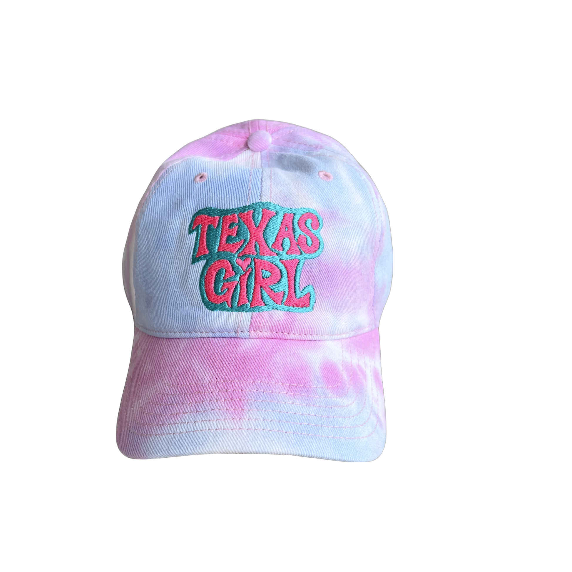 Texas Groovy Girl Hat in vibrant tie-dye styles, showcasing bold "Texas Girl" lettering.