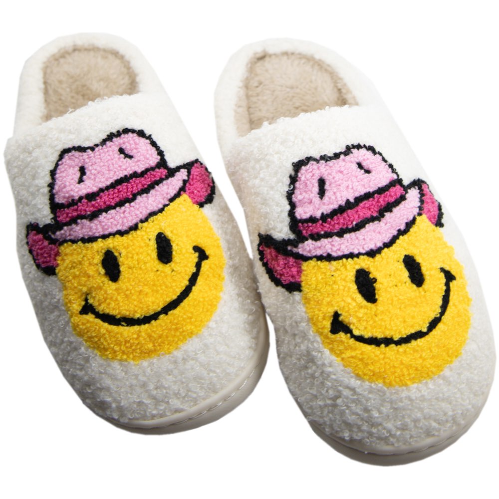 Pink Cowgirl Hat Happy Face Fuzzy Slippers – Cozy and Stylish Western Footwear