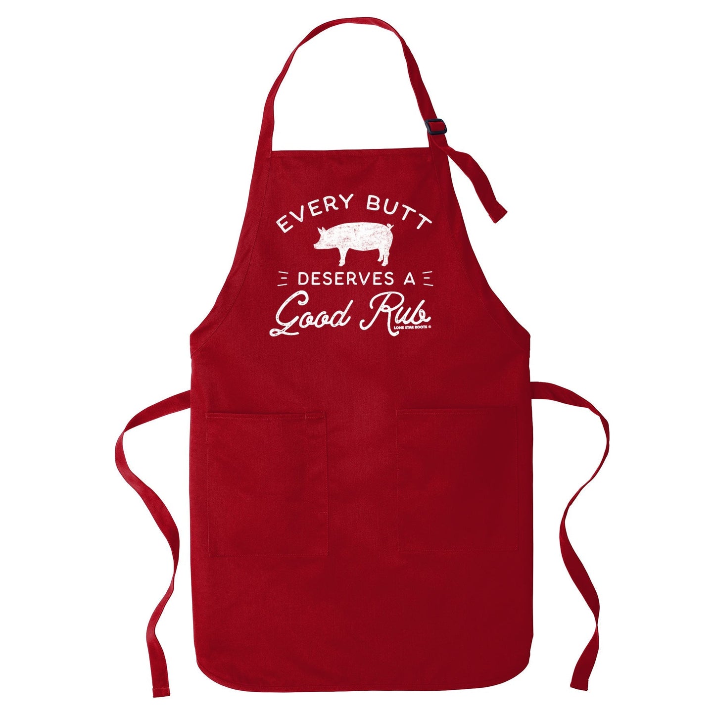 BBQ apron with the slogan 'Every Butt Deserves a Good Rub' and a cute piggy graphic, ideal for grill masters and pork enthusiasts.