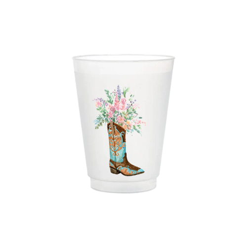 Blue Boot with Flowers Frosted Cups - reusable and event-ready 16 oz plastic cups with a floral design.