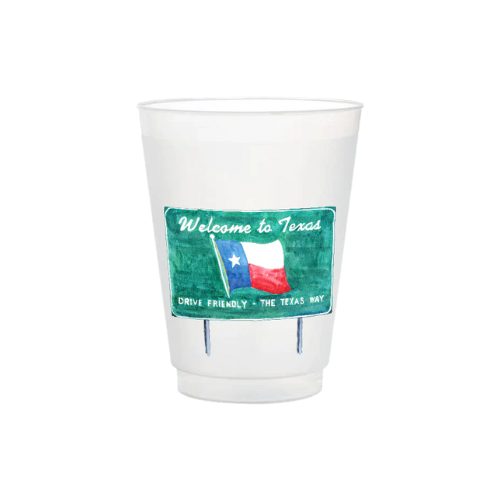 Frosted plastic cup with a watercolor design of the "Welcome to Texas" sign by Taylor Paladino.