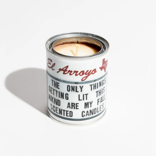 14 oz paint can candle with "Getting Lit" marquee design, hand-poured soy wax in holiday pine scent.