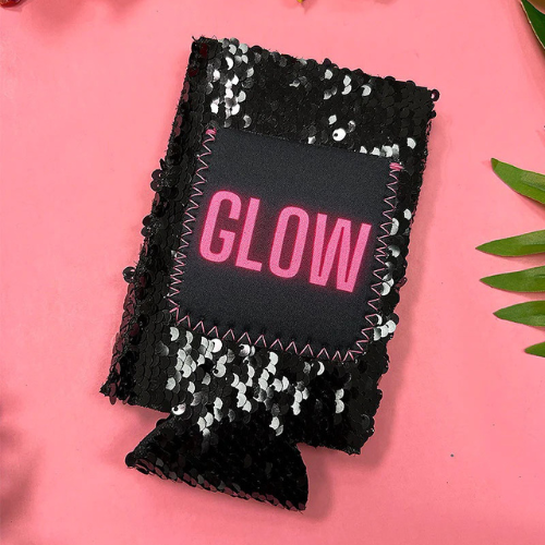 Glow Can Cooler with black sequins for regular and slim 12oz cans, stylish and practical drink accessory.