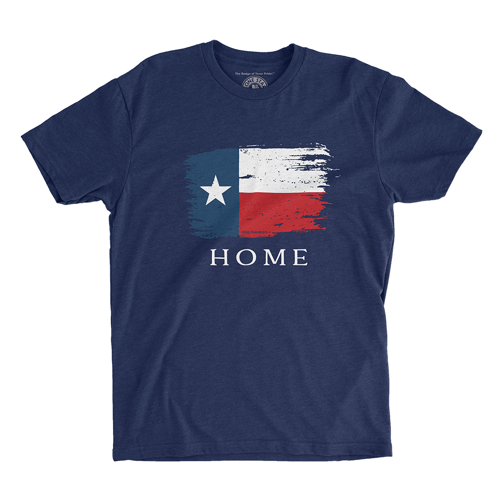 Texas Distressed Flag "Home" T-Shirt with the iconic Lone Star flag design and the word "Home."