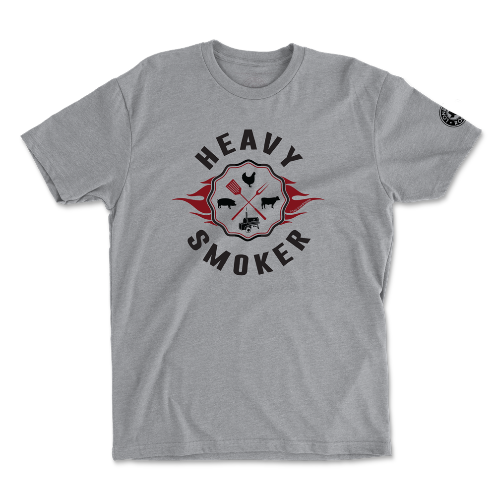 Heavy Smoker T-Shirt featuring BBQ tools, animal graphics, and flames on dark heather grey fabric