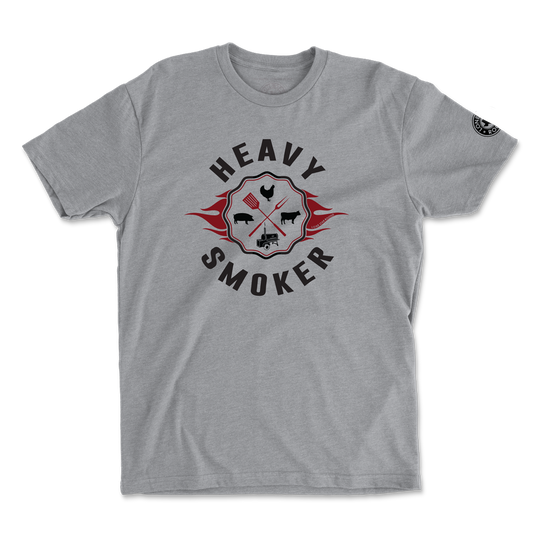 Heavy Smoker T-Shirt featuring BBQ tools, animal graphics, and flames on dark heather grey fabric