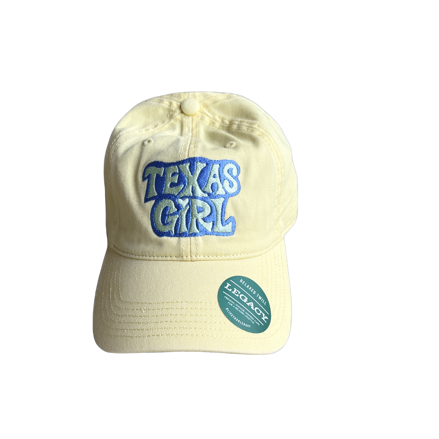 Texas Groovy Girl Hat in vibrant lemon yellow style, showcasing bold "Texas Girl" lettering.