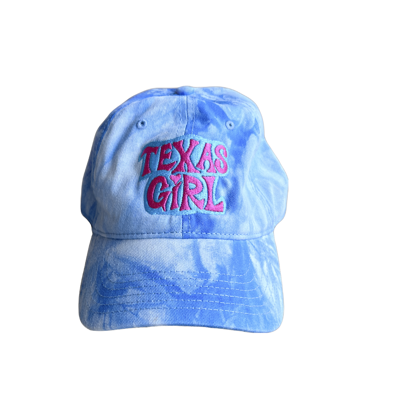 Texas Groovy Girl Hat in vibrant tie-dye styles, showcasing bold "Texas Girl" lettering.