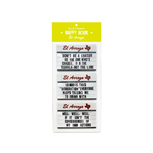 "Happy Hour" Magnet Set featuring three fun and decorative magnets for your fridge.