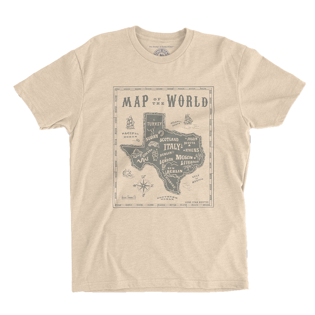 Map of The World T-Shirt showcasing Texas with international city names in a playful design.