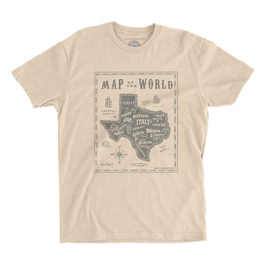 Map of The World T-Shirt showcasing Texas with international city names in a playful design.