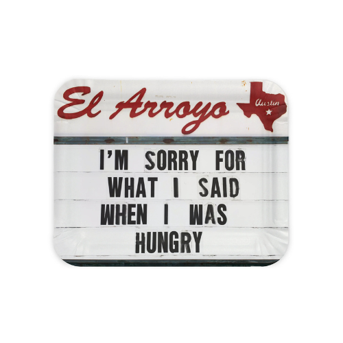 El Arroyo "When I Was Hungry" paper party plates featuring a funny marquee sign design.