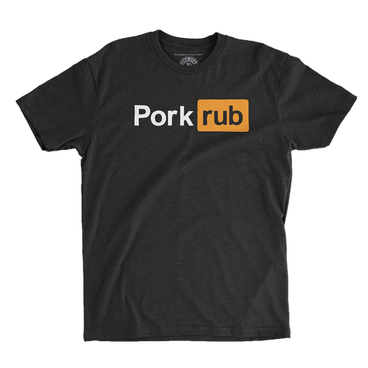 Porkrub T-Shirt featuring bold lettering inspired by a BBQ rub theme with humorous flair.