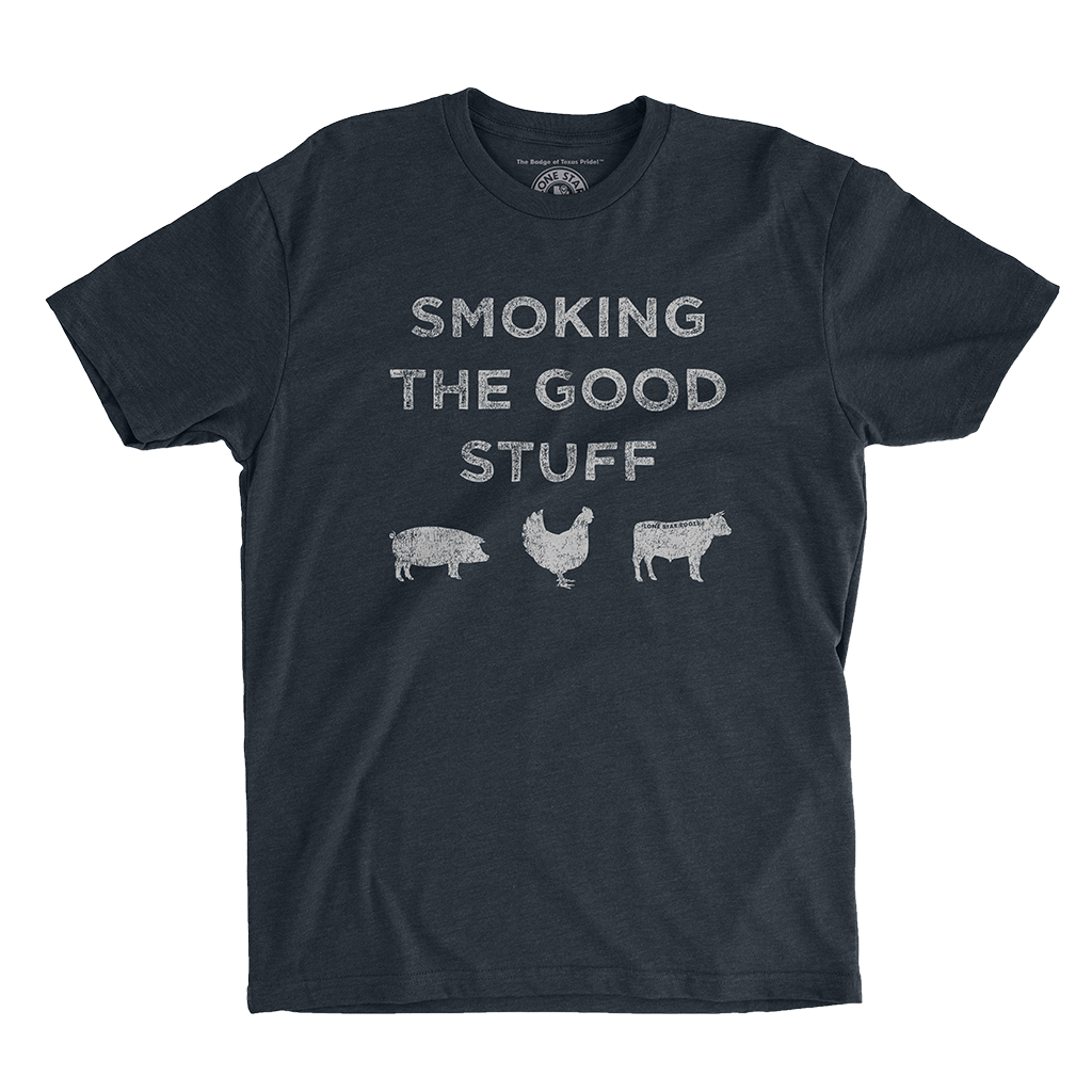 Smoking the Good Stuff T-Shirt featuring a chicken, pig, and cow with a Texas BBQ-themed design.