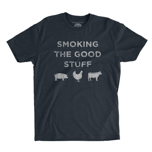 Smoking the Good Stuff T-Shirt featuring a chicken, pig, and cow with a Texas BBQ-themed design.