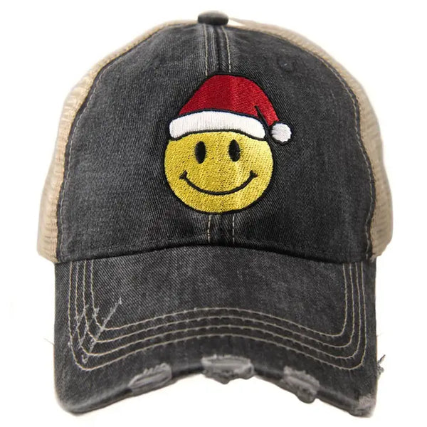 Santa Hat Happy Face Distressed Trucker Hat