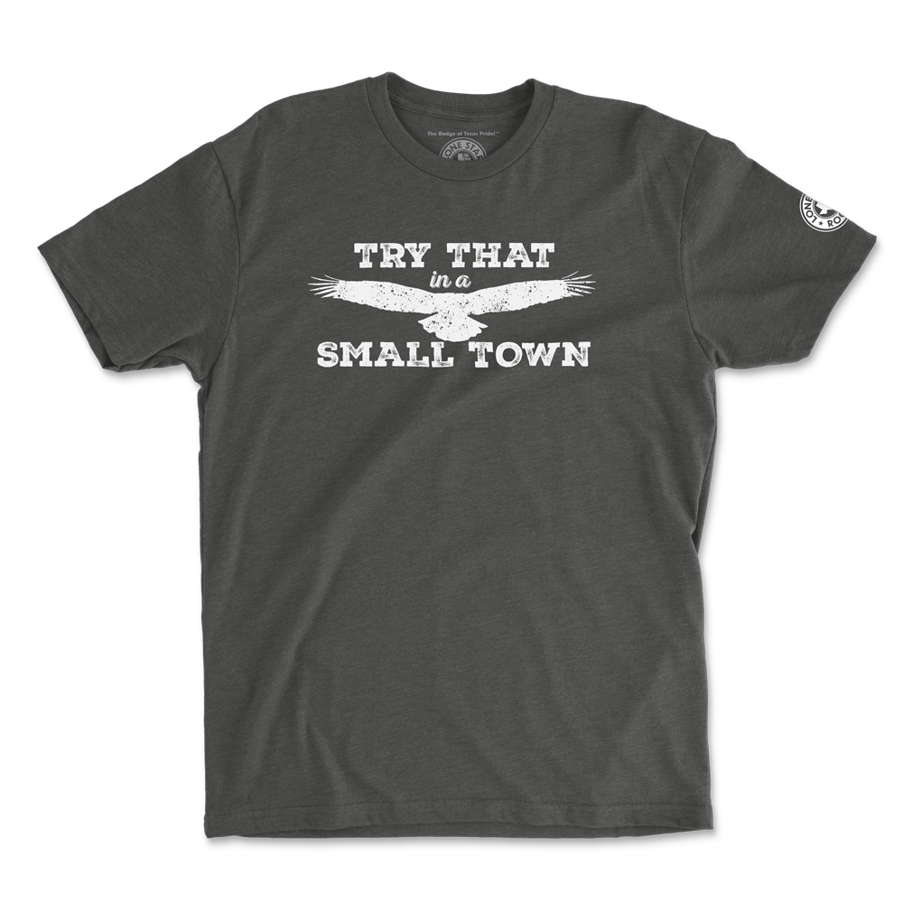 Try That in a Small Town T-Shirt featuring a bold eagle design on a charcoal background