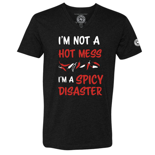 I'm Not a Hot Mess, I'm a Spicy Disaster V-Neck T-Shirt in black with bold text and pepper graphics.