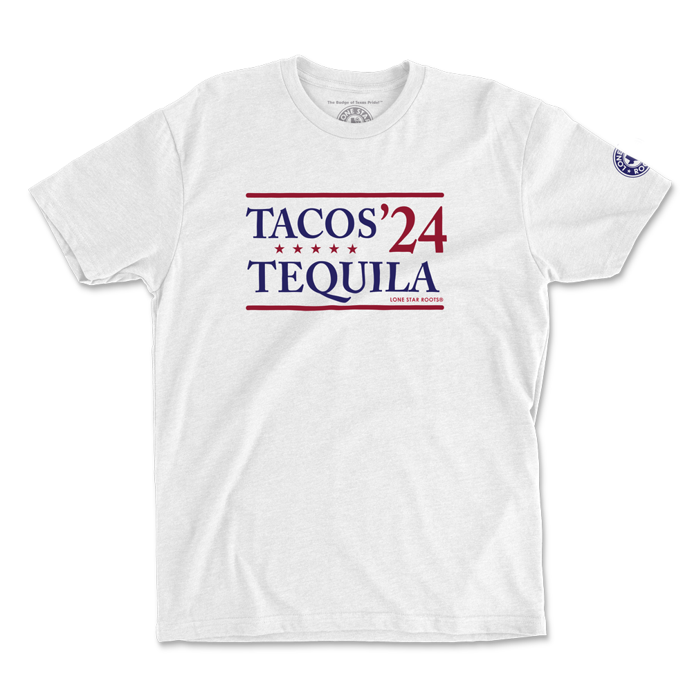 Tacos Tequila '24 T-shirt featuring Tex-Mex-inspired design