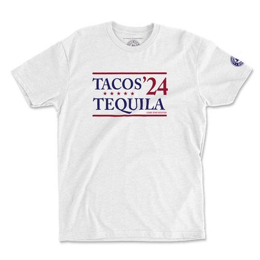 Tacos Tequila '24 T-shirt featuring Tex-Mex-inspired design