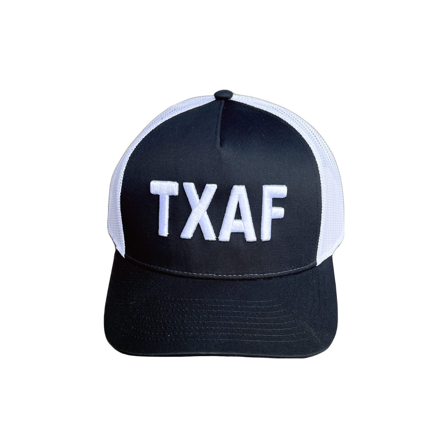 TXAF Trucker Hat in black and white with bold Texas embroidery.