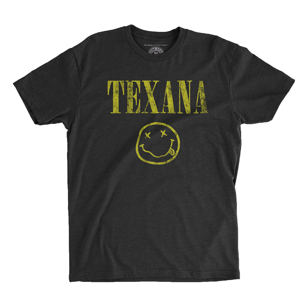 Texana Nirvana T-shirt featuring a Texas-inspired Nirvana smiley face design.