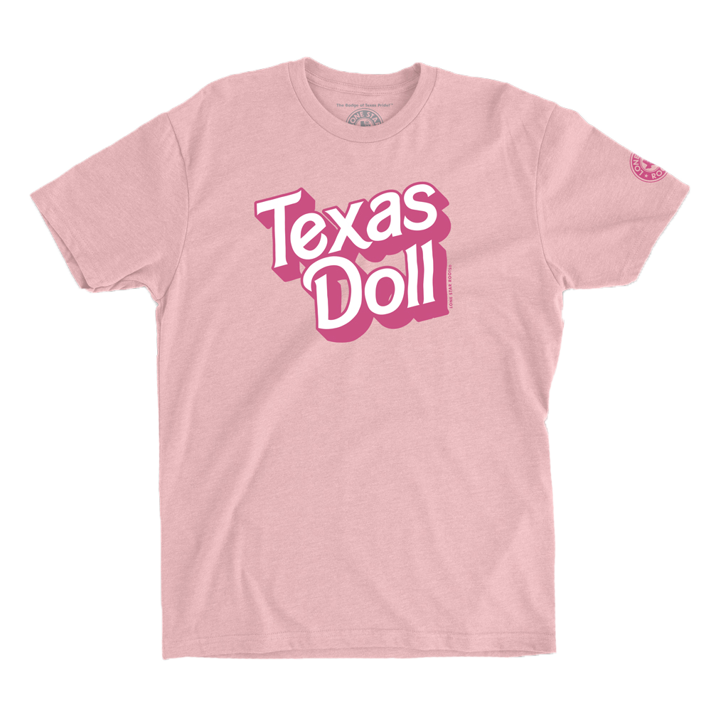 Texas Doll T-shirt in pink with Barbie-inspired red and white lettering.