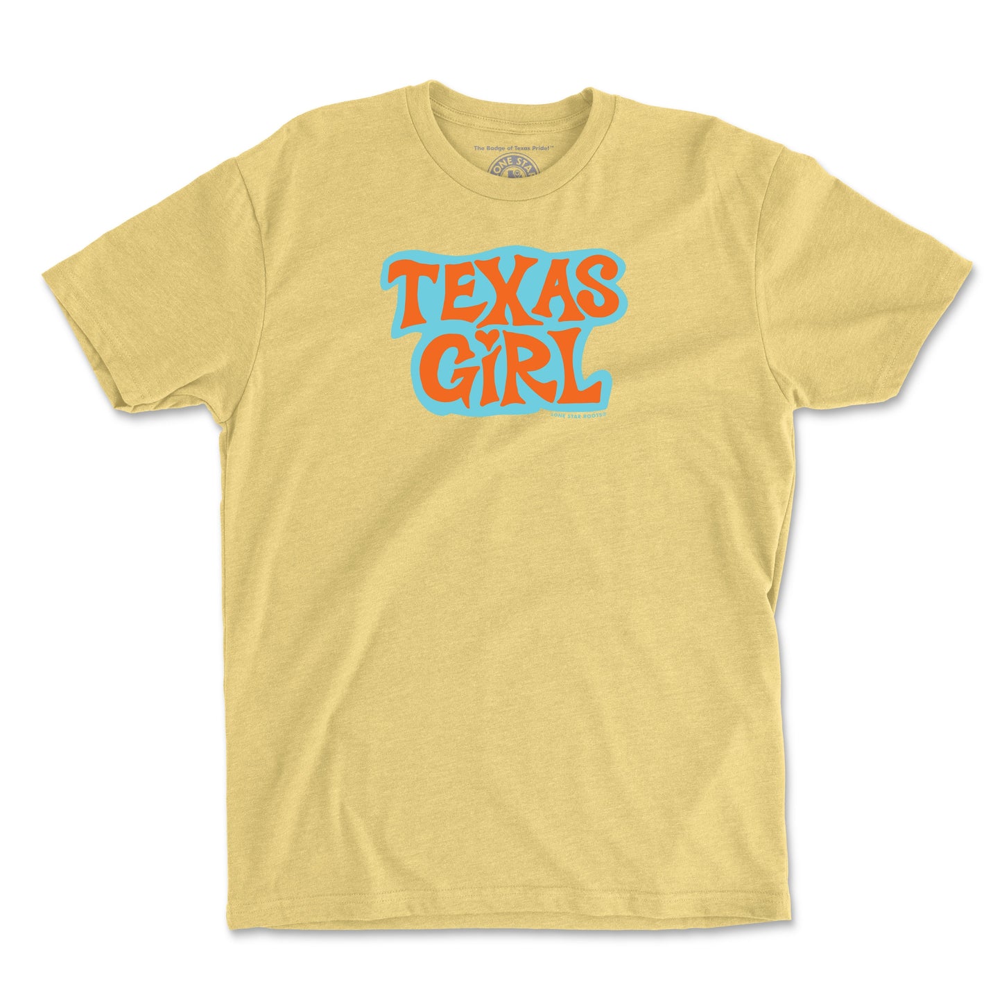 Texas Groovy Girl T-Shirt in Banana Cream with retro-inspired orange and aqua text.