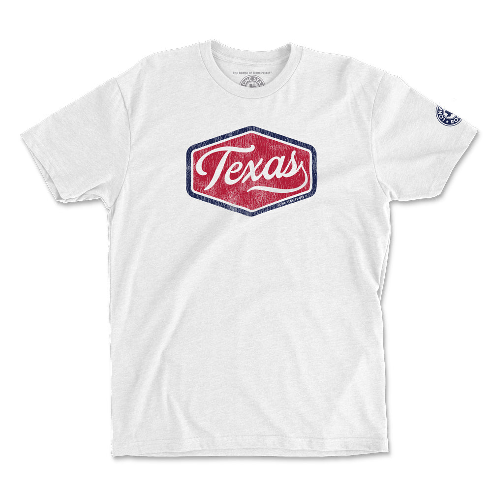 Texas Patriotic Hex Patch T-Shirt in white with red and white hexagonal design featuring the word "Texas."