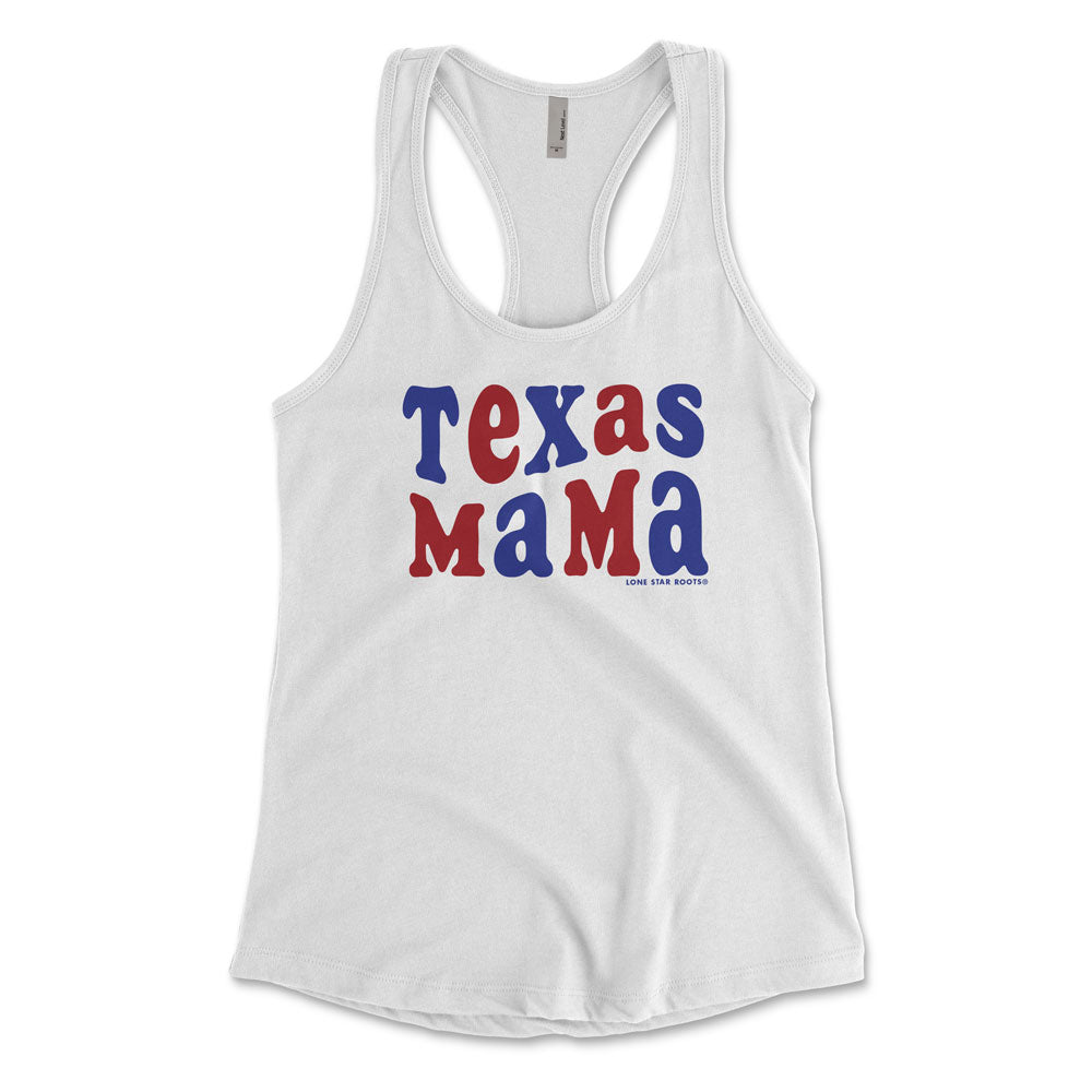 Texas Patriotic Mama Tank in white with red and white "Texas Mama" design on the front.