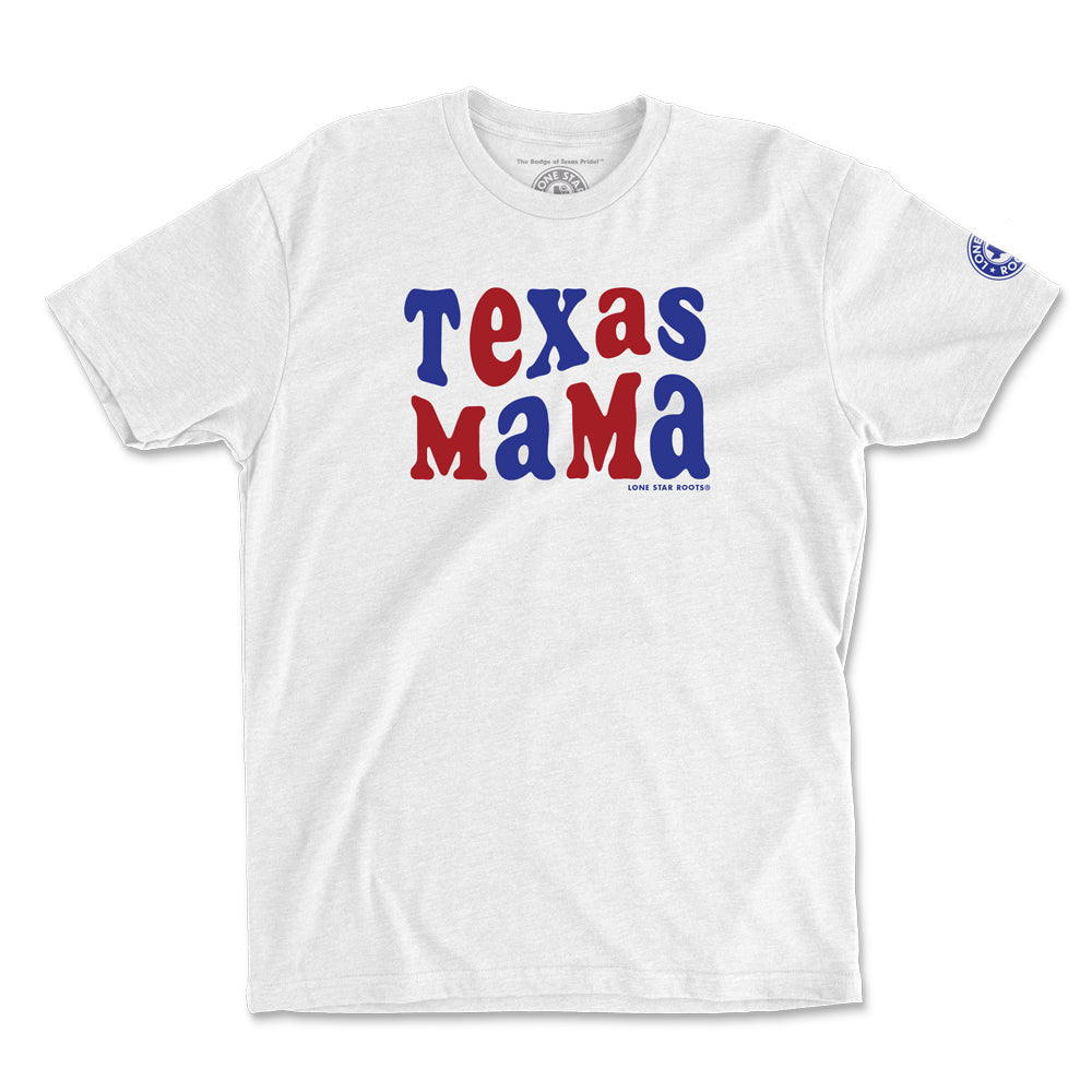 Texas Patriotic Mama T-Shirt in white with red and white "Texas Mama" design.