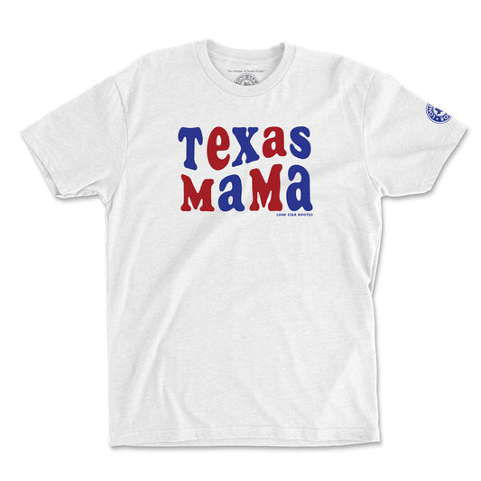 Texas Patriotic Mama T-Shirt in white with red and white "Texas Mama" design.