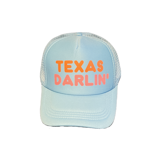 Texas Darlin Foam Trucker Hat in pastel blue with breathable mesh and bold lettering