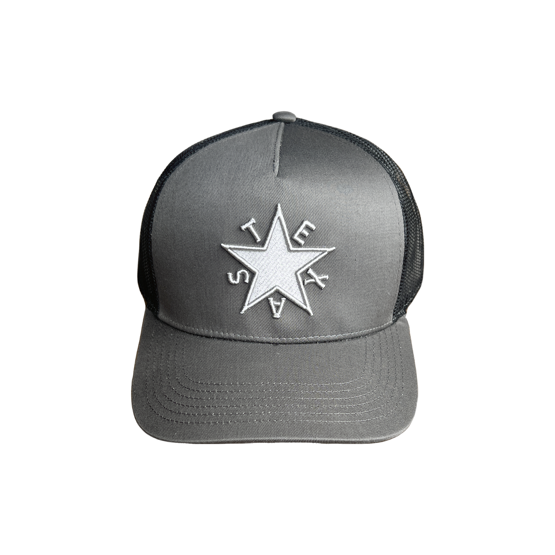 DeZavala Star Trucker Hat featuring iconic Texas starburst embroidery in sleek gray.