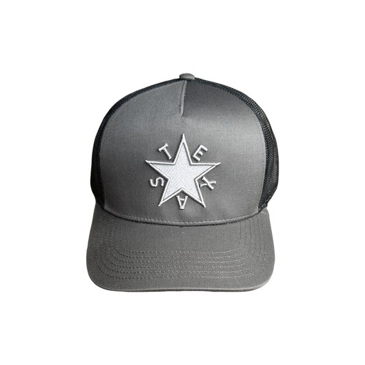 DeZavala Star Trucker Hat featuring iconic Texas starburst embroidery in sleek gray.