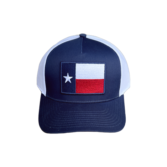 Texas Flag Patch Trucker Hat with breathable mesh back and authentic Lone Star design.