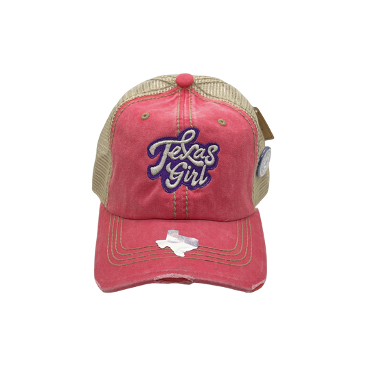 Texas Girl Sticker Hat in Multiple Styles – Sizzlin' Pink, Tie-Dye Blue, Sky Navy, and Texas Sky Blue