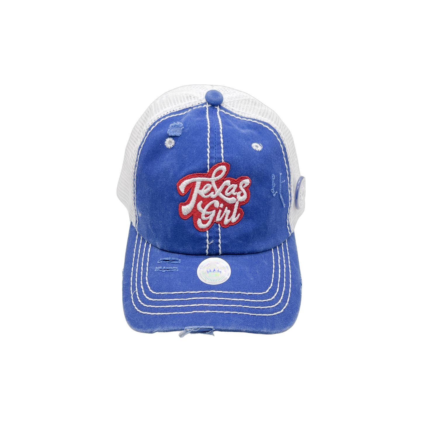 Texas Girl Sticker Hat in Multiple Styles – Sizzlin' Pink, Tie-Dye Blue, Sky Navy, and Texas Sky Blue