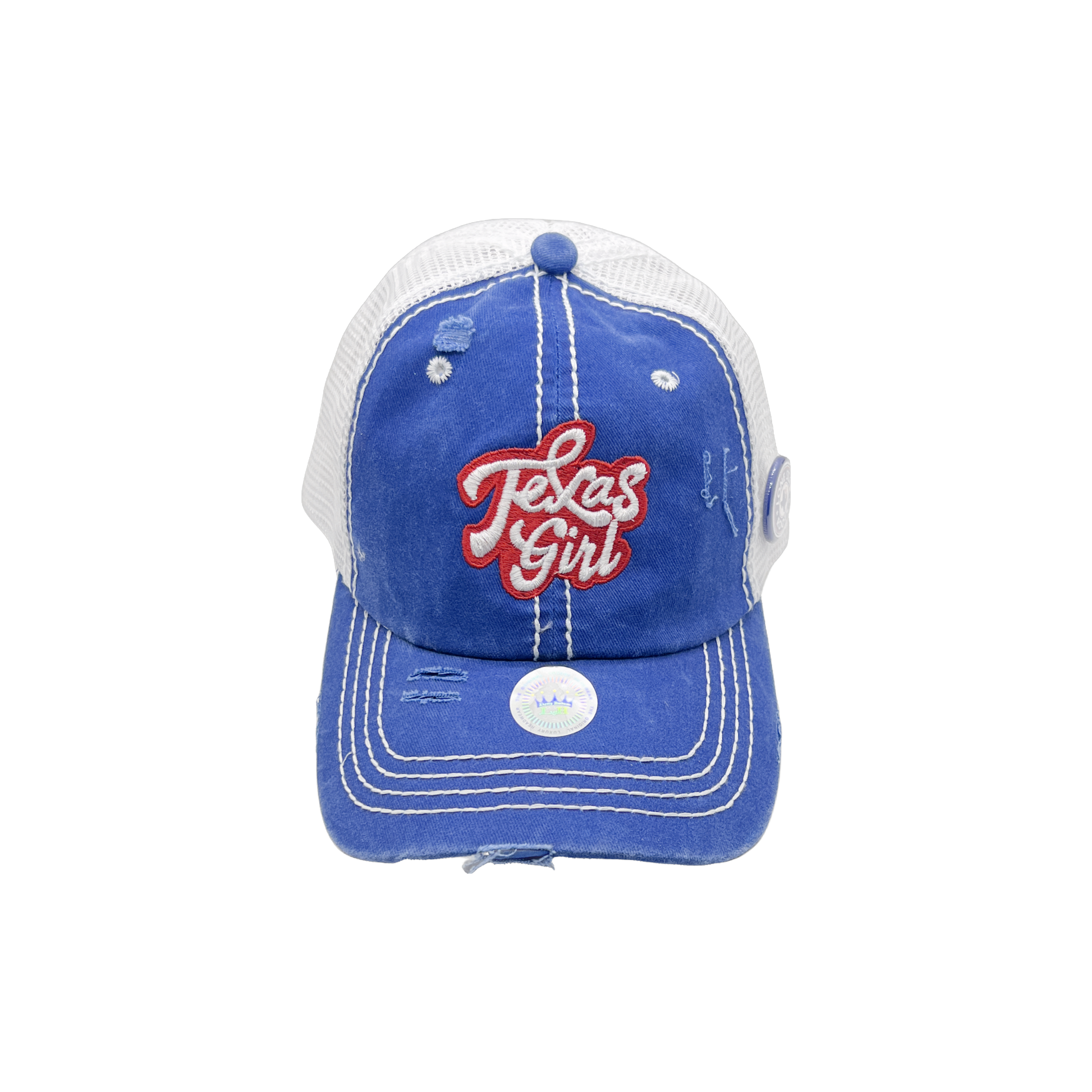 Texas Girl Sticker Hat in Multiple Styles – Sizzlin' Pink, Tie-Dye Blue, Sky Navy, and Texas Sky Blue