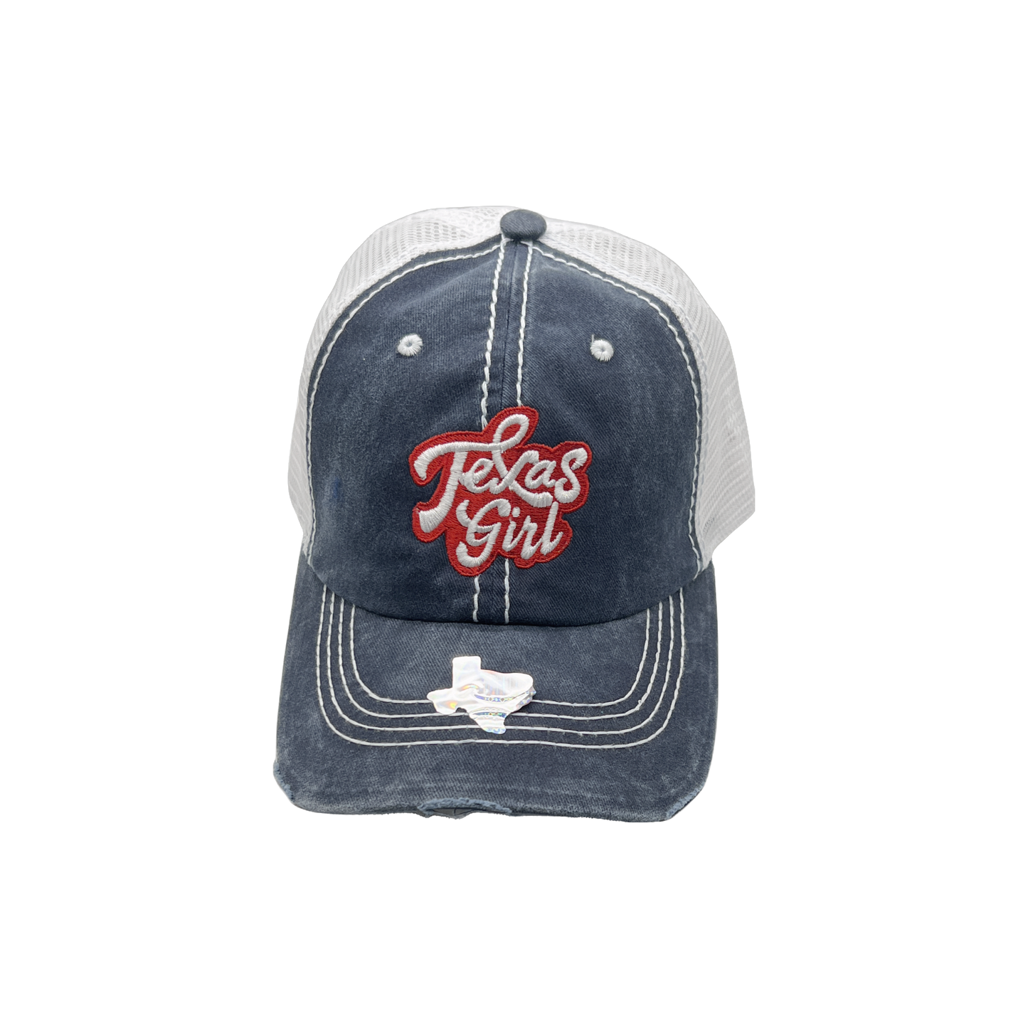 Texas Girl Sticker Hat in Multiple Styles – Sizzlin' Pink, Tie-Dye Blue, Sky Navy, and Texas Sky Blue