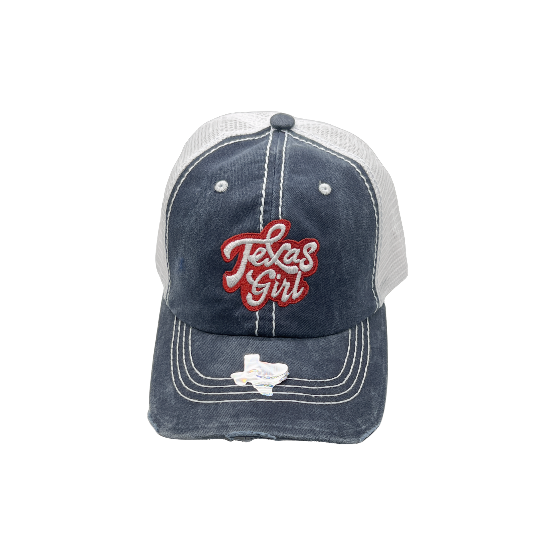 Texas Girl Sticker Hat in Multiple Styles – Sizzlin' Pink, Tie-Dye Blue, Sky Navy, and Texas Sky Blue