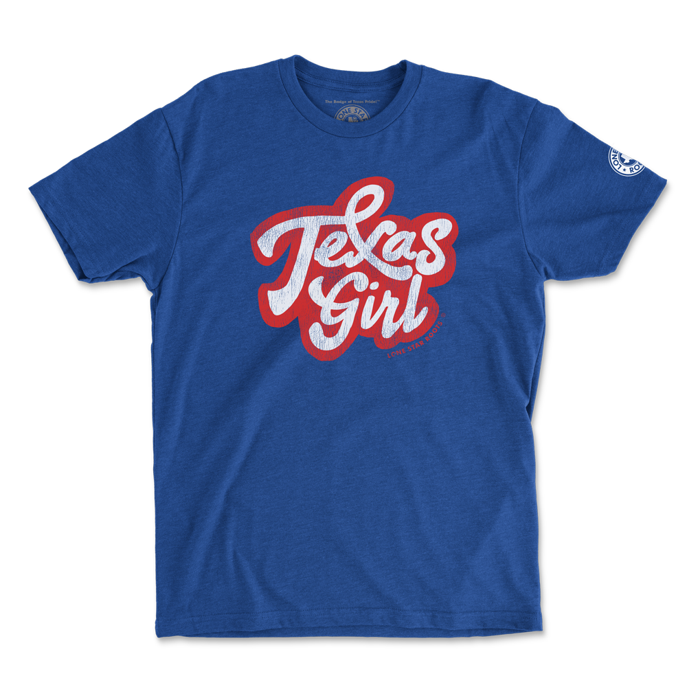 Texas Girl T-Shirt in ice blue with sticker-style print for a bold Texas charm.