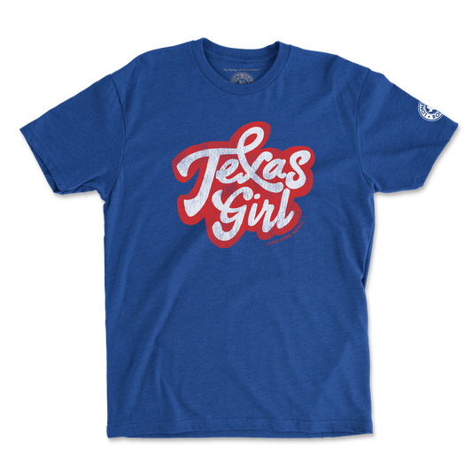 Texas Girl T-Shirt in ice blue with sticker-style print for a bold Texas charm.